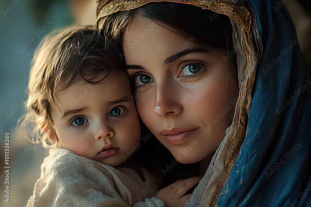 Mother Mary holds baby Jesus tenderly, her serene expression full of love and peace, symbolizing the sacred bond between mother and child. Mother Mary holds baby Jesus tenderly, her serene expression full of love and peace, symbolizing the sacred bond between mother and child.