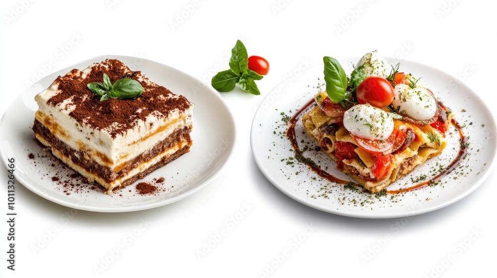 A visually appealing collection of three dishes: a rich tiramisu, savory lasagna, and a fresh caprese salad, artistically arranged