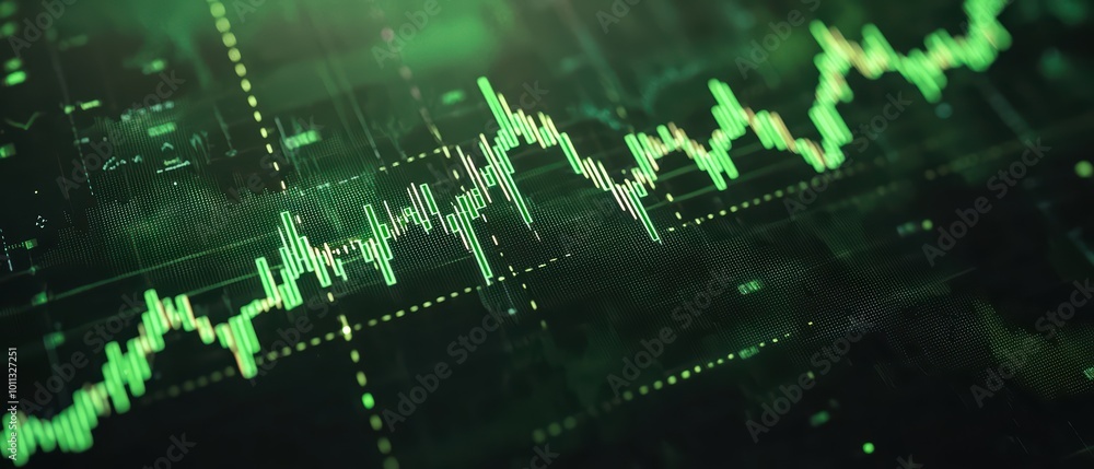 Abstract digital stock market graph with green lines on a dark background, depicting financial trends and data analysis. Abstract digital stock market graph with green lines on a dark background, depicting financial trends and data analysis.