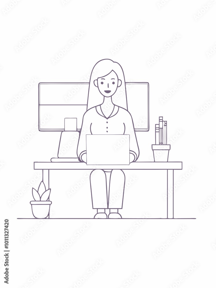 Illustration of Woman Working on Laptop in Office Illustration of Woman Working on Laptop in Office
