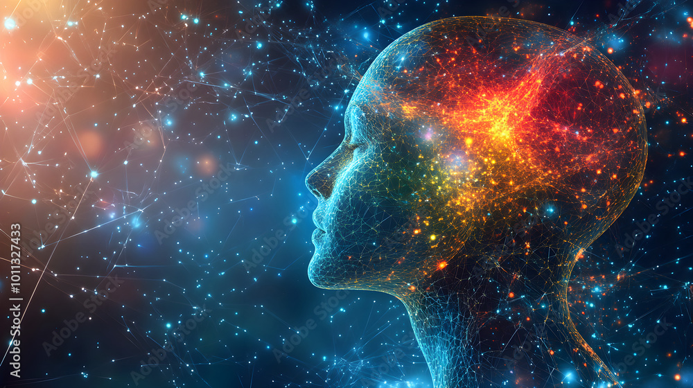A human head composed of interconnected lines and sparks, set against a starry background symbolizes the concept of cosmic consciousness and the interconnectedness of the human mind A human head composed of interconnected lines and sparks, set against a starry background symbolizes the concept of cosmic consciousness and the interconnectedness of the human mind