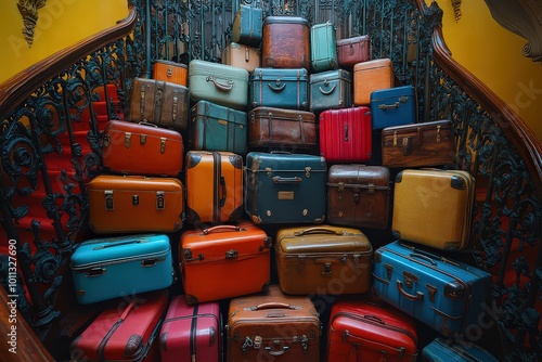  group of colorful suitcases gather at the base of a grand, spiral staircase inside a historic hotel, creating a lively contrast to the building’s classic architecture.