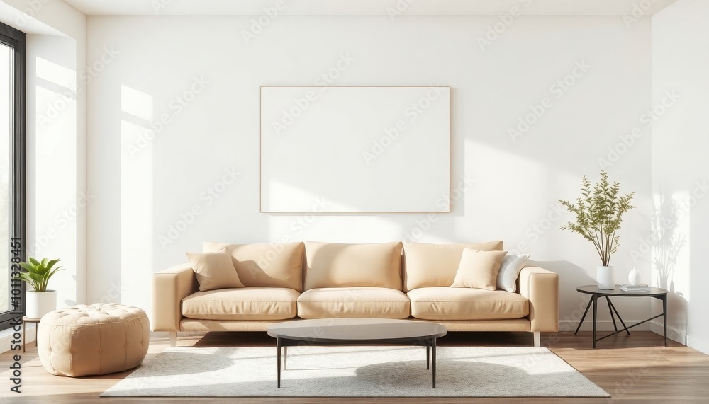 Fototapeta premium Sleek and modern living space exudes tranquility with minimalist decor, featuring neutral tones and stylish furnishings that harmoniously blend form and function.