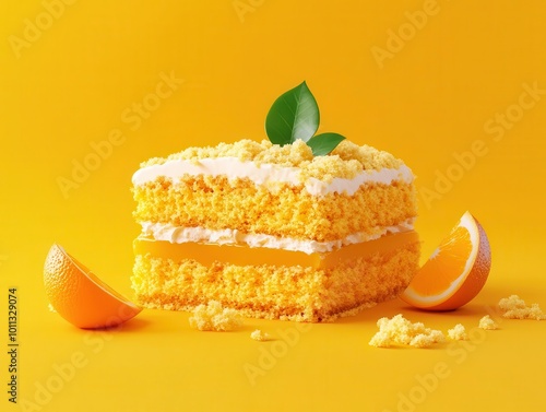 Orange cake crumbs flat design, front view, baking class, 3D render, complementary color scheme photo