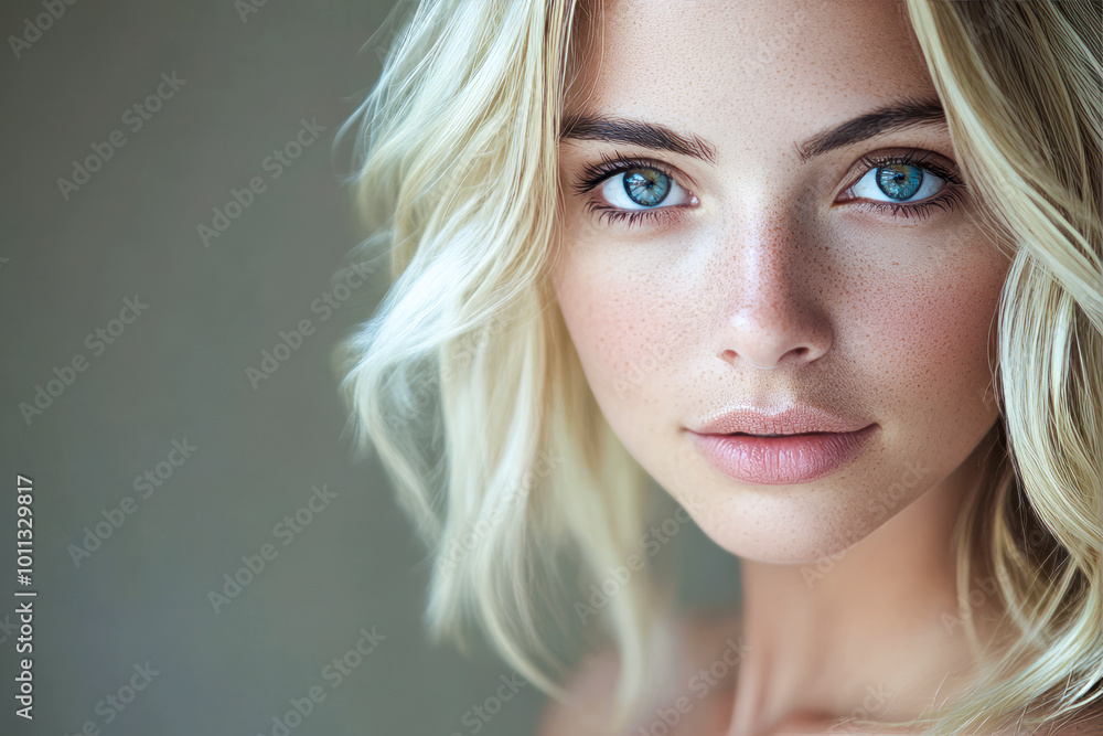 Close-up of a blonde woman with piercing blue eyes and freckled skin, exuding natural beauty and calm elegance Close-up of a blonde woman with piercing blue eyes and freckled skin, exuding natural beauty and calm elegance