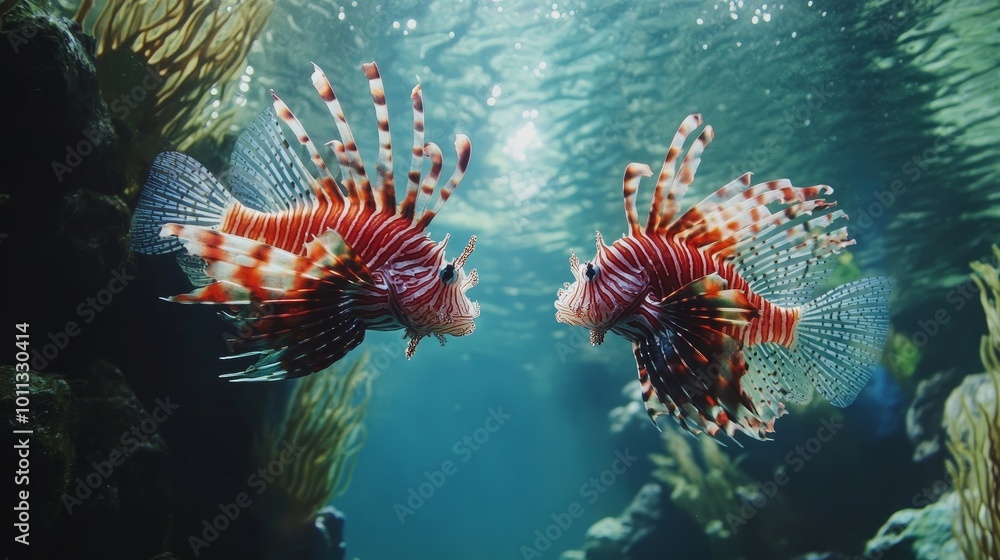 A pair of vividly red lionfish dart around a big seawater reservoir. A pair of vividly red lionfish dart around a big seawater reservoir.