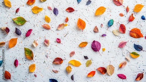 A whimsical arrangement of small colorful leaves scattered playfully on a bright white surface.
