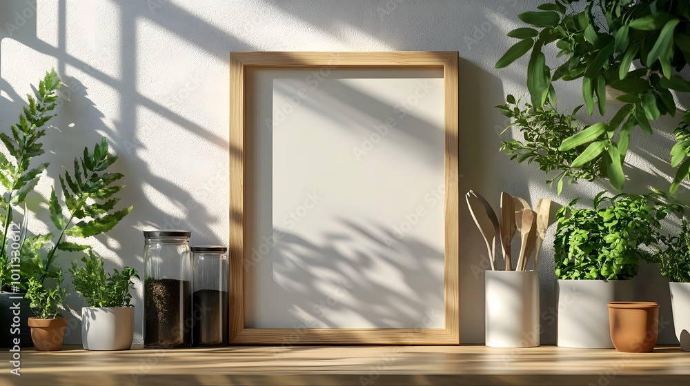 A bright and airy interior with a wooden shelf displaying kitchen utensils and potted herbs, enhanced by soft natural light casting shadows on the wall in a minimalist Scandinavian style. A bright and airy interior with a wooden shelf displaying kitchen utensils and potted herbs, enhanced by soft natural light casting shadows on the wall in a minimalist Scandinavian style.