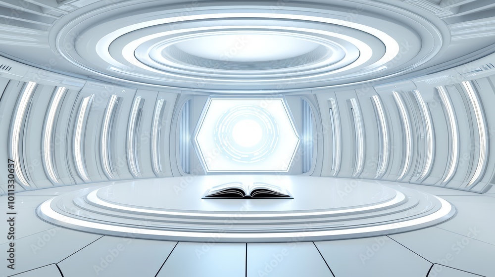 Fototapeta premium Futuristic, minimalist interior with a central open book and glowing accents, seamlessly blending innovation with knowledge in a sleek design.
