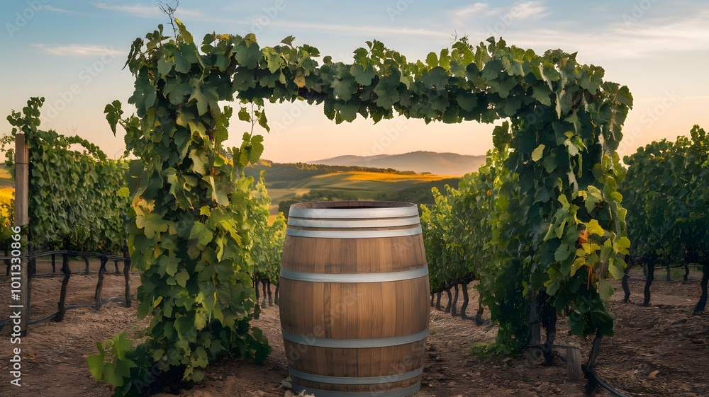 Vineyard Oasis: Wooden Barrel as Tourist Attraction Amidst Lush Vines Vineyard Oasis: Wooden Barrel as Tourist Attraction Amidst Lush Vines