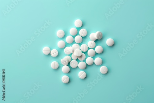 Group of white tablets arranged on a teal background, showcasing their circular shape and uniform size