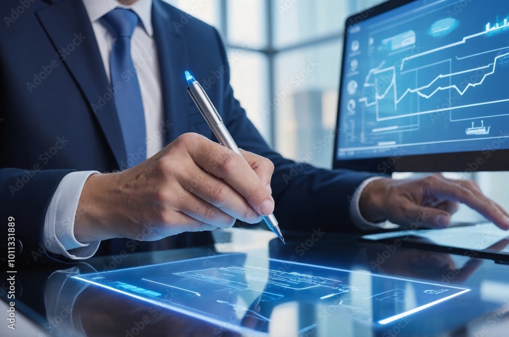 Businessman signing digital document on touchscreen tablet with data charts in background Businessman signing digital document on touchscreen tablet with data charts in background