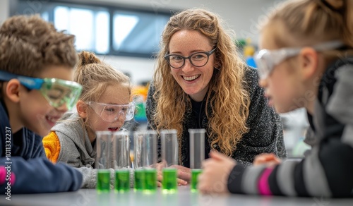 Science teacher engaging with young students during a chemistry experiment in a classroom setting, fostering curiosity and teamwork