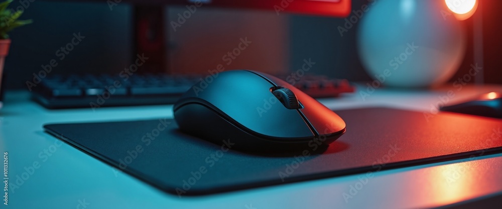 Sleek gaming mouse in neon-lit atmosphere representing modern technology against vibrant desktop setup Sleek gaming mouse in neon-lit atmosphere representing modern technology against vibrant desktop setup