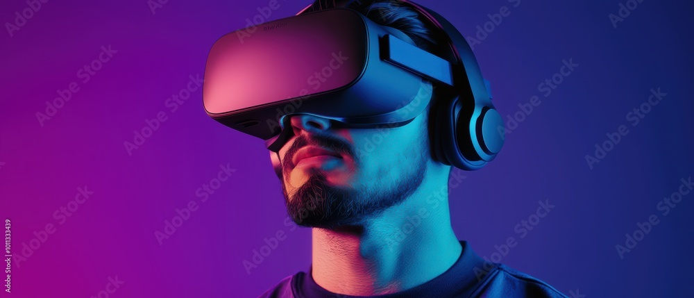 Person using a virtual reality headset in a vibrant, colorful environment, showcasing the immersive technology experience. Person using a virtual reality headset in a vibrant, colorful environment, showcasing the immersive technology experience.