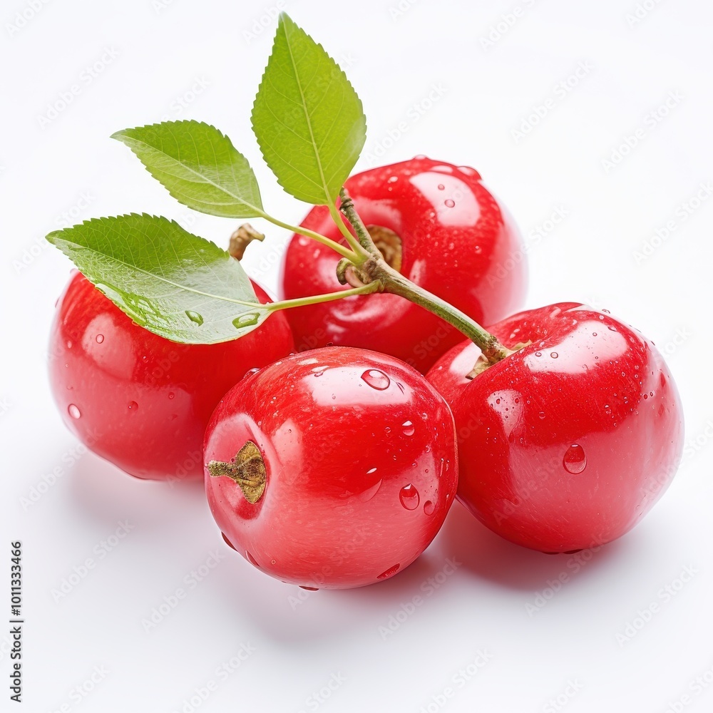 Obraz premium Vibrant fresh Acerola cherries with leaves and water droplets on white background