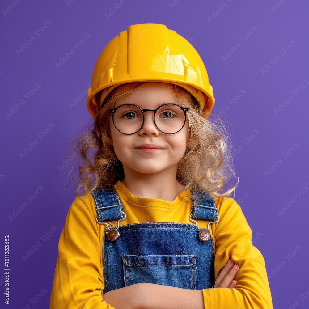 Child in architect costume with yellow helmet and denim bib overalls Child in architect costume with yellow helmet and denim bib overalls