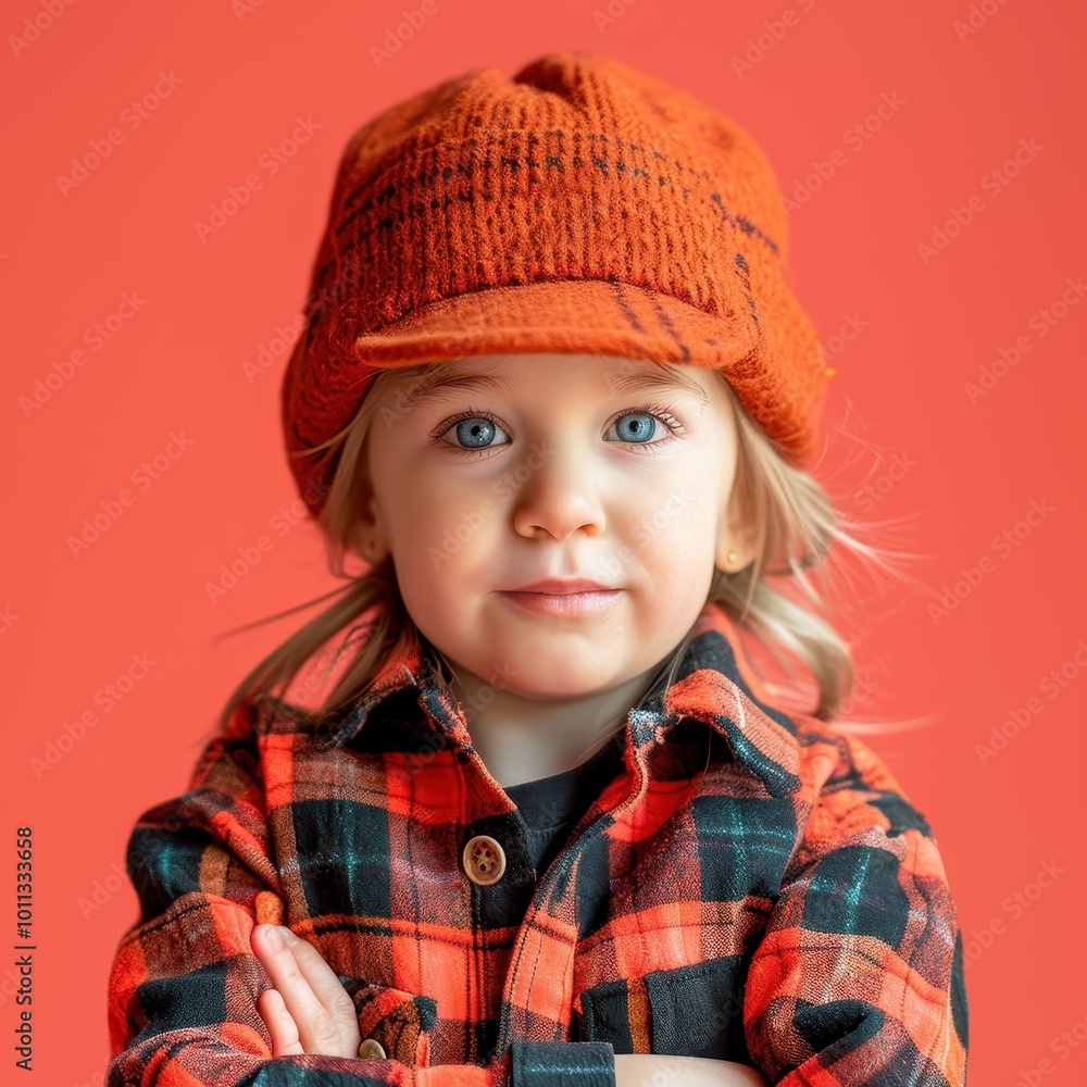 Adorable child dressed in lumberjack style with a plaid shirt and knitted hat Adorable child dressed in lumberjack style with a plaid shirt and knitted hat