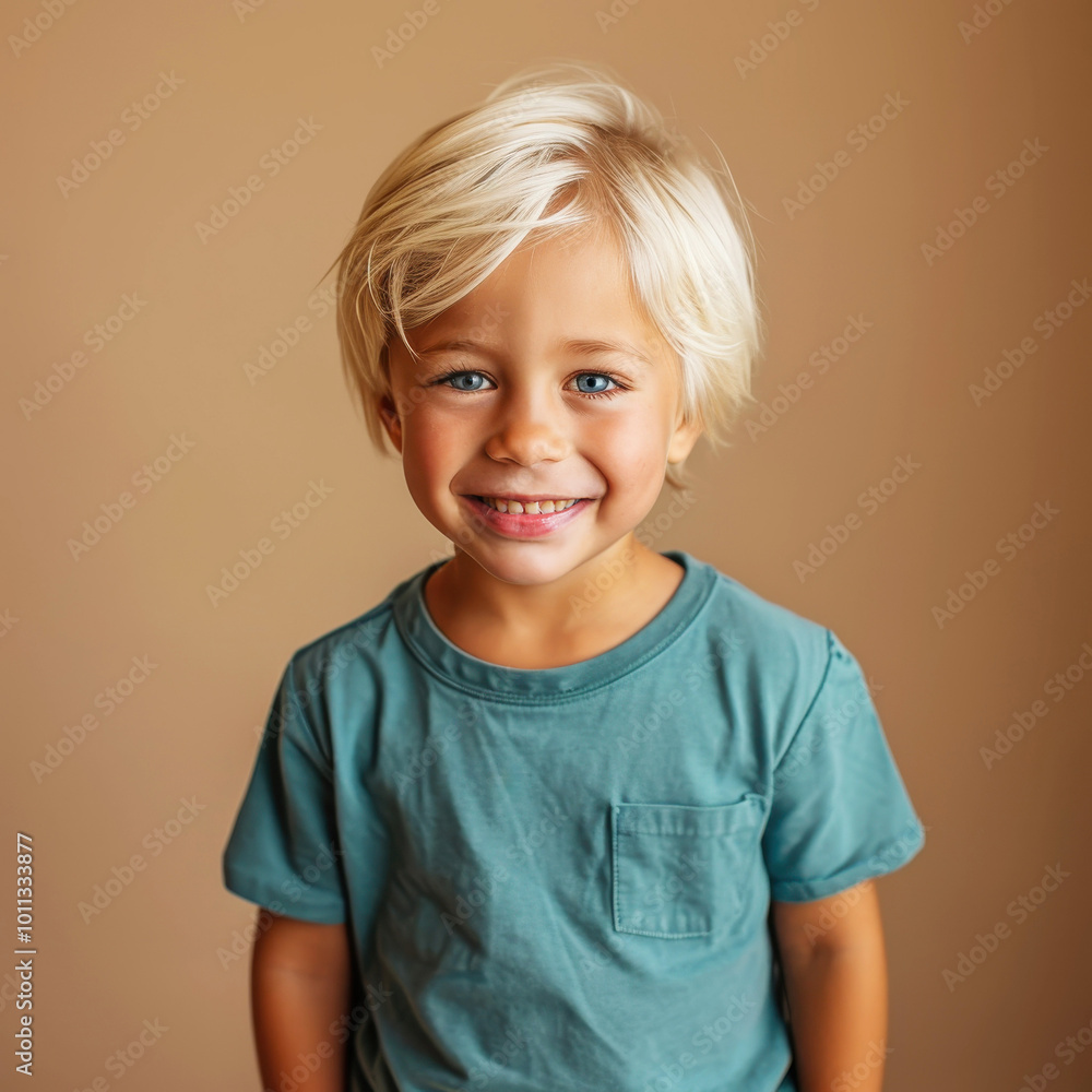 Portrait of a happy young boy with white hair and blue eyes against a warm background Portrait of a happy young boy with white hair and blue eyes against a warm background