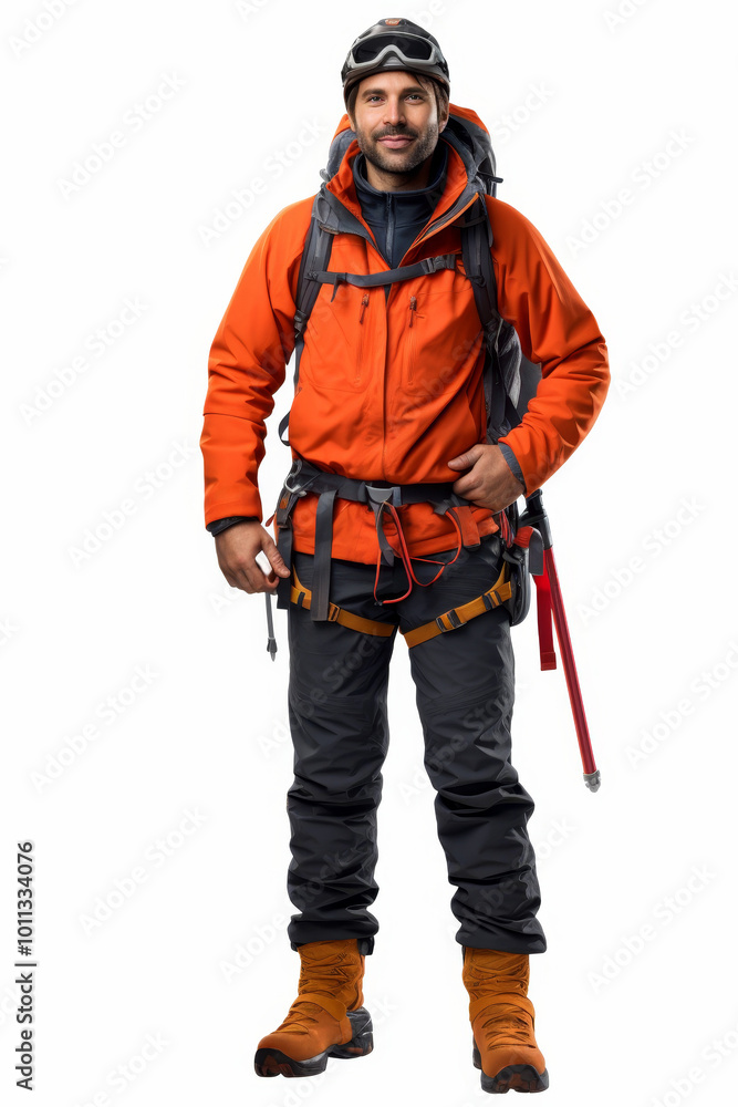 Friendly male mountaineer in full gear posing for a portrait with a smile on a white background Friendly male mountaineer in full gear posing for a portrait with a smile on a white background