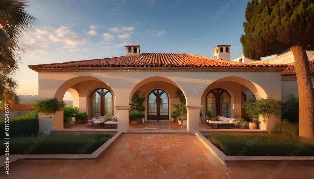 The villa showcases arched windows and a traditional terracotta roof ...