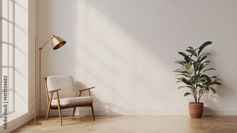 Minimalist corner with a mid-century modern armchair, brass floor lamp, and light wooden floors. A calm, uncluttered space with simple elegance Minimalist corner with a mid-century modern armchair, brass floor lamp, and light wooden floors. A calm, uncluttered space with simple elegance