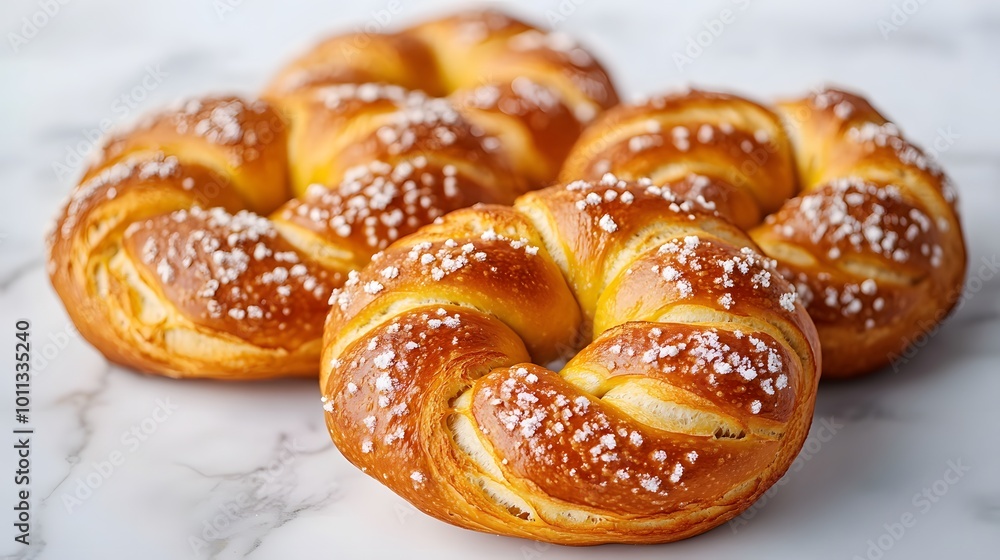 A freshly baked golden brown pretzel with a crispy exterior and soft interior, presented on a white marble background, highlighting its artisanal quality and appetizing appearance.