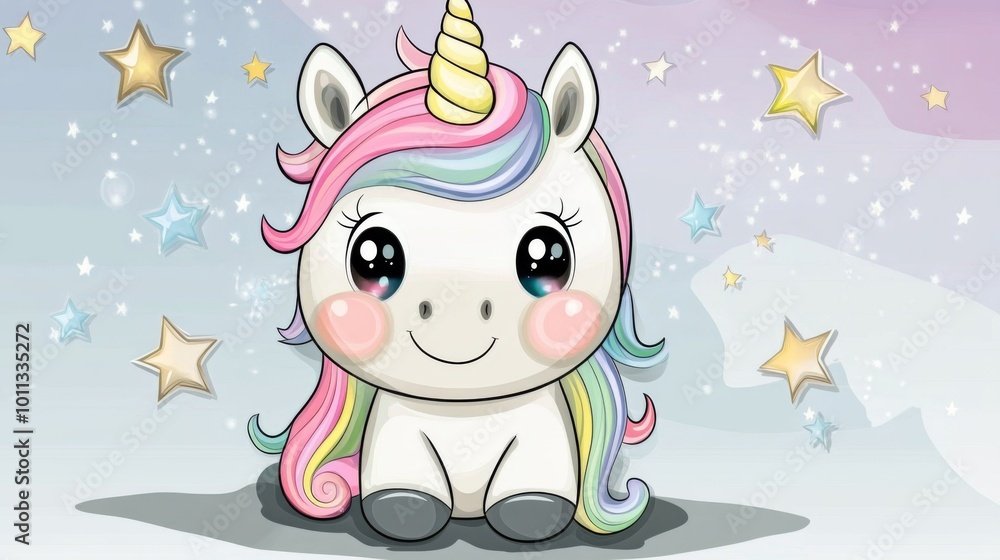 A cute cartoon unicorn with rainbow mane and horn sitting against a starry background. A cute cartoon unicorn with rainbow mane and horn sitting against a starry background.