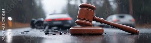 Close-up of a gavel on wet road with blurred cars in background, depicting legal aspects of car accidents and justice systems.
