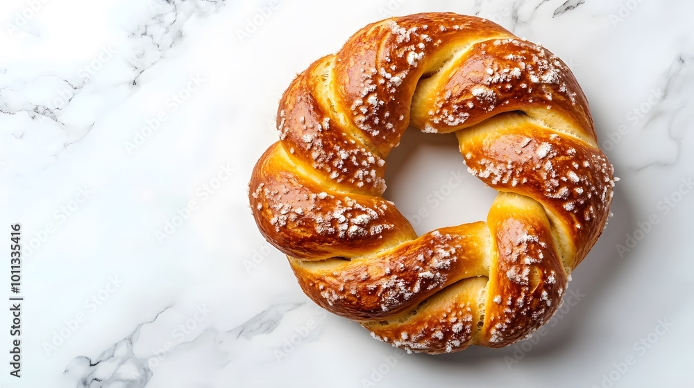 A freshly baked golden brown pretzel with a crispy exterior and soft interior, presented on a white marble background, highlighting its artisanal quality and appetizing appearance. A freshly baked golden brown pretzel with a crispy exterior and soft interior, presented on a white marble background, highlighting its artisanal quality and appetizing appearance.