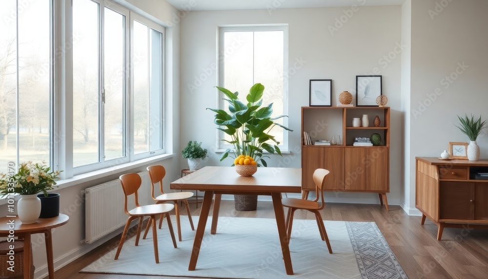 Fototapeta premium Warm and inviting dining room featuring a sleek, modern design; elegant lighting softly illuminates a contemporary table setting.