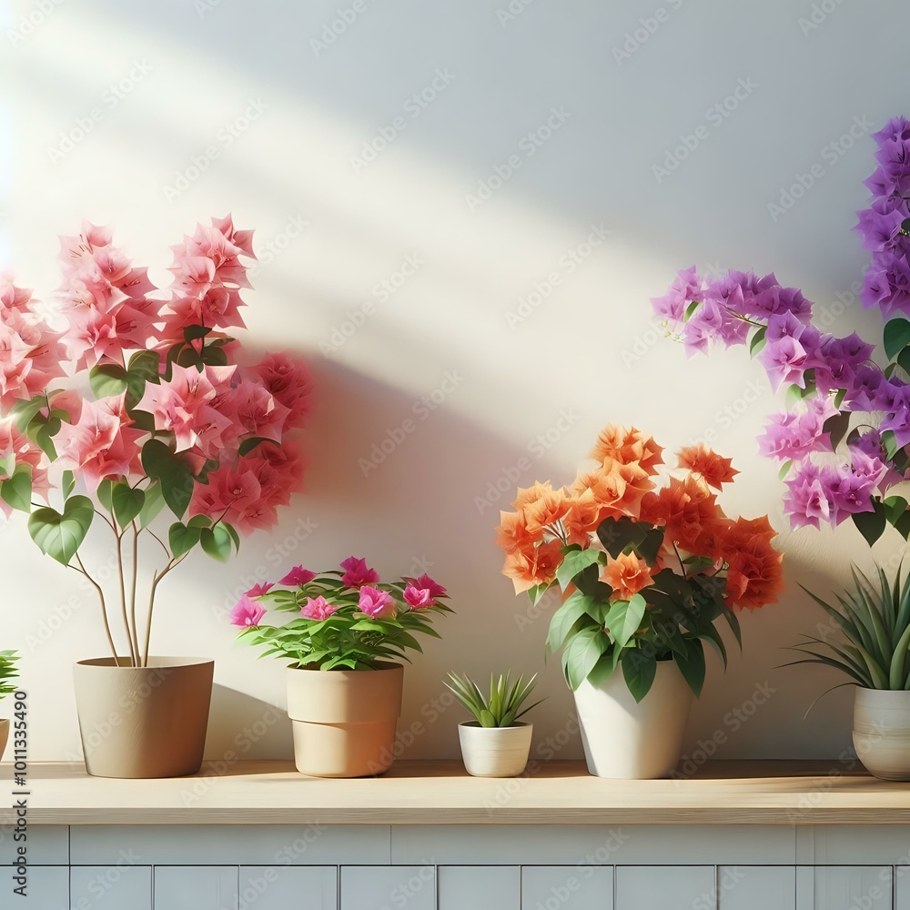 Different colored bougainvilleas in pots Different colored bougainvilleas in pots