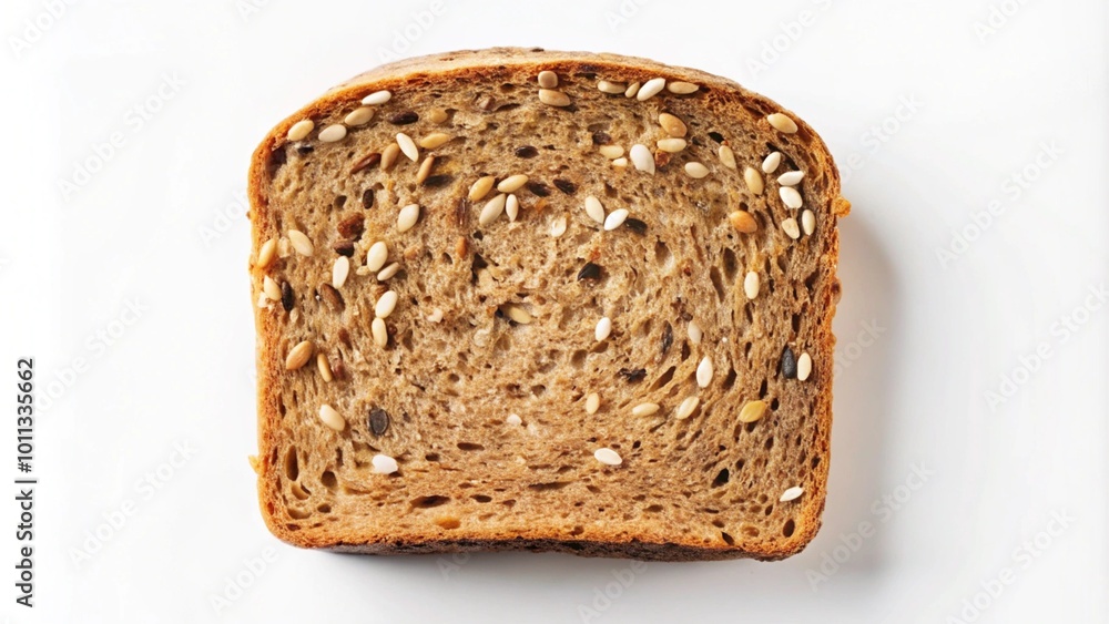 A single slice of multigrain bread with sesame seeds on a white background. A single slice of multigrain bread with sesame seeds on a white background.