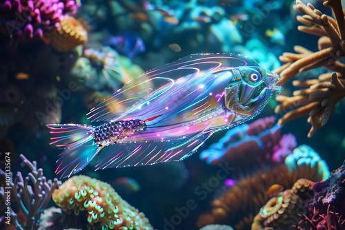 Ai robotic fish gliding through a coral reef, its scales made of reflective glass and LED lights photo