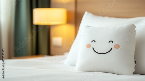 Cozy hotel room with a cute smiley pillow on the bed, creating a welcoming and cheerful atmosphere, complemented by soft lighting.
