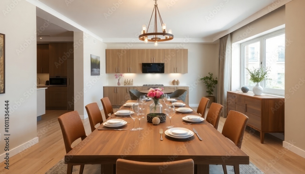 Fototapeta premium Elegant dining room featuring a sleek table, cozy chairs, and a stunning chandelier casting a warm glow.