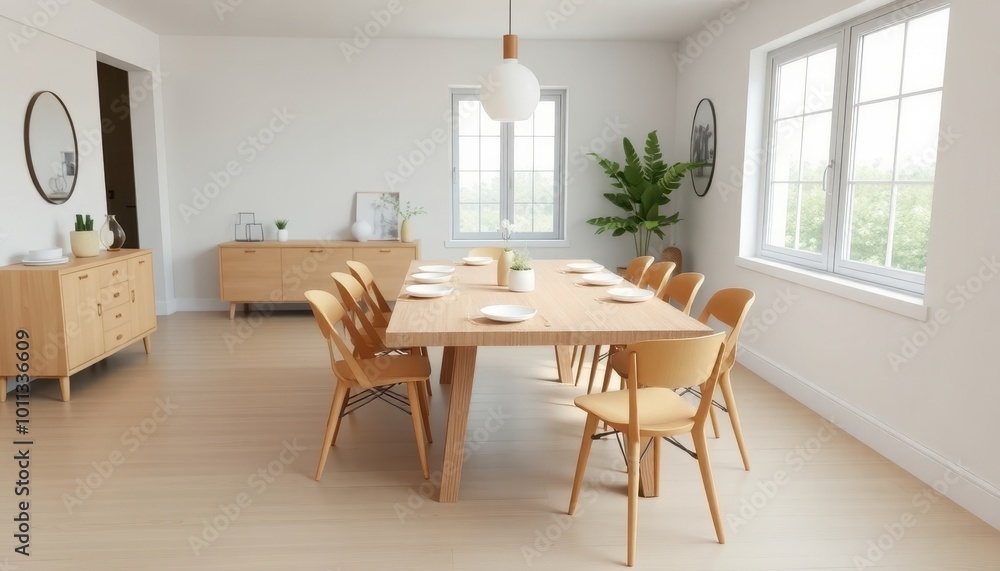 Elegant dining room features a warm wooden table surrounded by sleek white chairs, creating a perfect balance of comfort and contemporary style. Elegant dining room features a warm wooden table surrounded by sleek white chairs, creating a perfect balance of comfort and contemporary style.