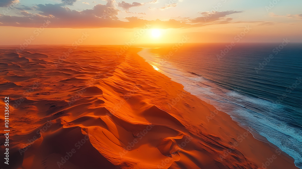 An aerial view of the Sahara desert at sunset. A panorama of desert landscape. An aerial view of the Sahara desert at sunset. A panorama of desert landscape.
