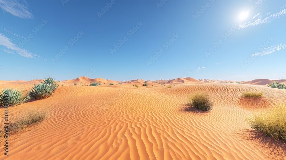 Fototapeta premium Golden sand dunes of the Sahara desert under a bright blue sky, showcasing the sparse vegetation and rippled textures of the warm sand in a vast, arid environment.