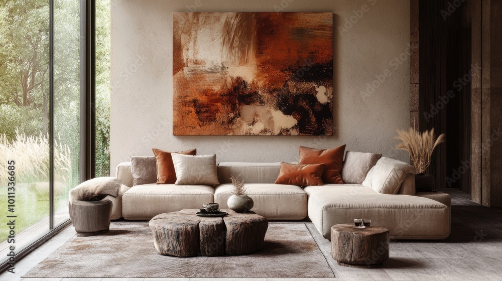 Earth-toned modern living room, cozy sofa, abstract wall art, warm decor, large windows allowing natural light, stylish and inviting atmosphere Earth-toned modern living room, cozy sofa, abstract wall art, warm decor, large windows allowing natural light, stylish and inviting atmosphere