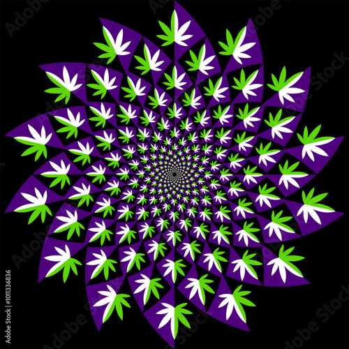 Optical illusion of moving circle with hemp leaf shapes. Circular pattern for exciting background design.