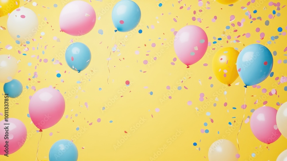Bright Yellow Backdrop Featuring a White Border Soft Pink and Blue Balloons and Vibrant Confetti Perfect for Various Celebrations and Events Bright Yellow Backdrop Featuring a White Border Soft Pink and Blue Balloons and Vibrant Confetti Perfect for Various Celebrations and Events