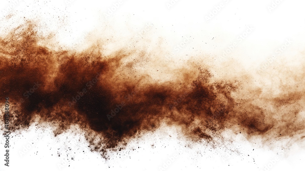 A vibrant explosion of brown dust forms striking patterns on a white backdrop ideal for a range of creative endeavors A vibrant explosion of brown dust forms striking patterns on a white backdrop ideal for a range of creative endeavors