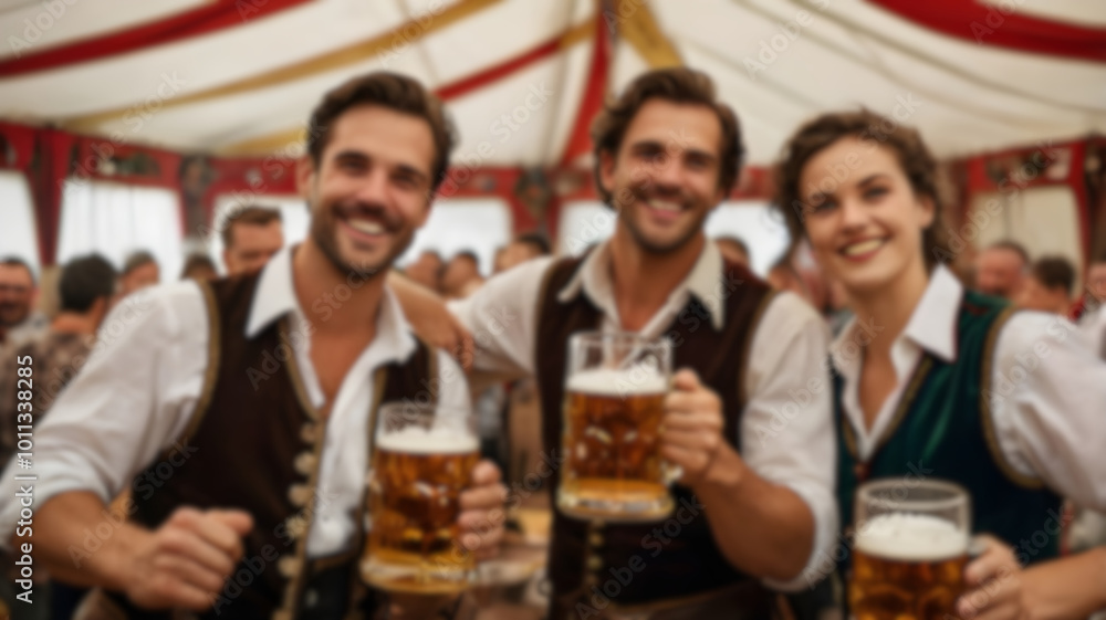 Blur image of a group of friends in traditional Bavarian attire raising beer steins in a toast at a festive indoor event in an Oktoberfest for background usage. Blur image of a group of friends in traditional Bavarian attire raising beer steins in a toast at a festive indoor event in an Oktoberfest for background usage.