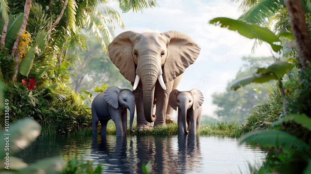 Fototapeta premium An elegant composition featuring a family of elephants gathered by a serene watering hole, with lush vegetation surrounding them. The soft, natural light highlights the textures of their skin and the