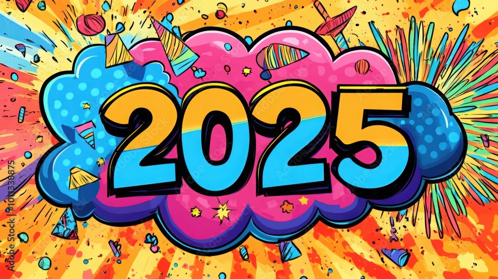 Banner New Year 2025 in pop art and comics book style. Banner New Year 2025 in pop art and comics book style.