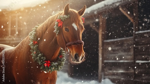 A beautiful horse adorned with a festive wreath stands in a snowy landscape. The warm light enhances the joyful mood. Perfect for holiday themes. Capture the magic of winter. AI
