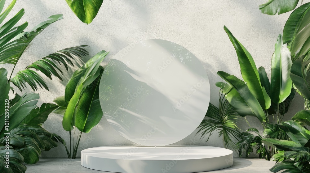 3D render of a blank white round display stand featuring a clear mirror effect glass shower screen and tropical green banana leaves Emphasizing natural beauty 3D render of a blank white round display stand featuring a clear mirror effect glass shower screen and tropical green banana leaves Emphasizing natural beauty