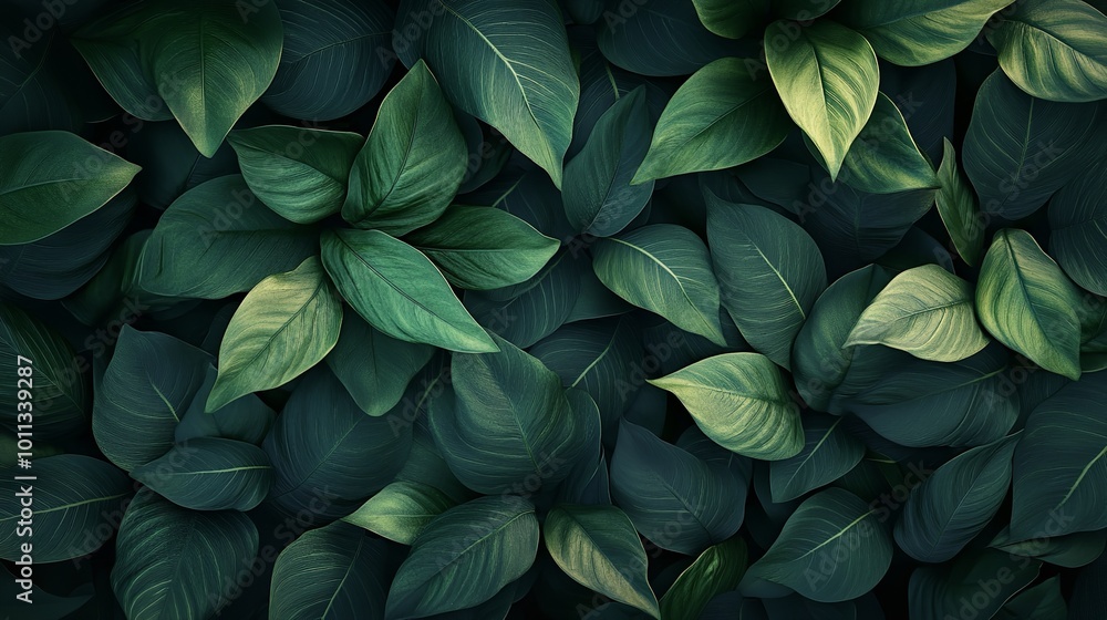 Close-up of tropical green leaves texture with dark tone processing Close-up of tropical green leaves texture with dark tone processing