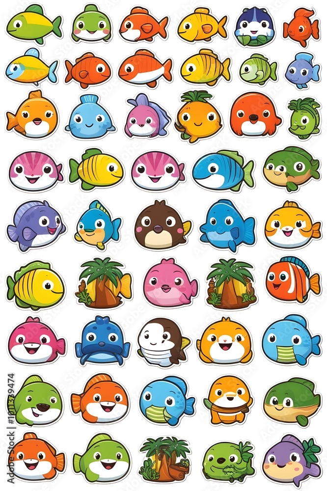 Fototapeta premium cute cartoon fish stickers on a single sheet